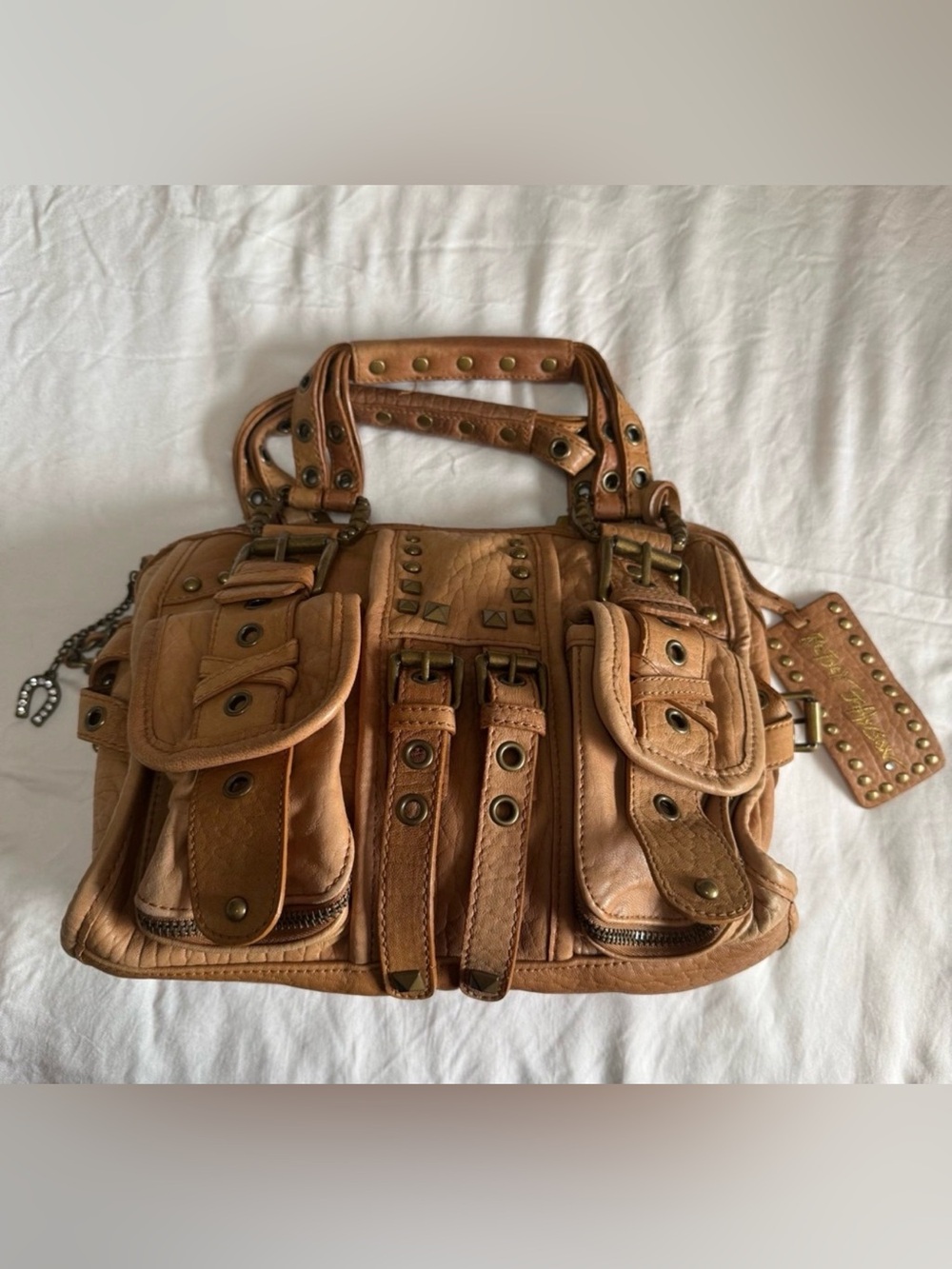 Rare Betsey Johnson Studded Tan Leather Bag & Horseshoe Rhinestone Zipper Pull